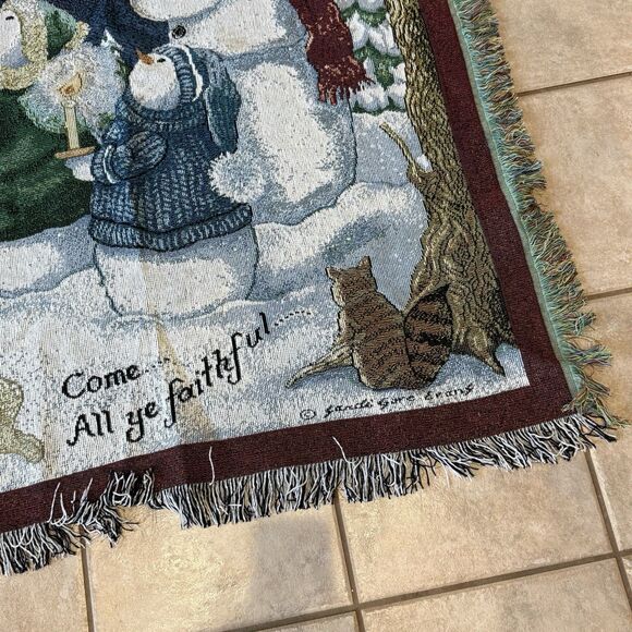 Vintage Artist Sandi Gore Evans “Come All Ye Faithful” Snowman Tapestry Blanket - Picture 2 of 8